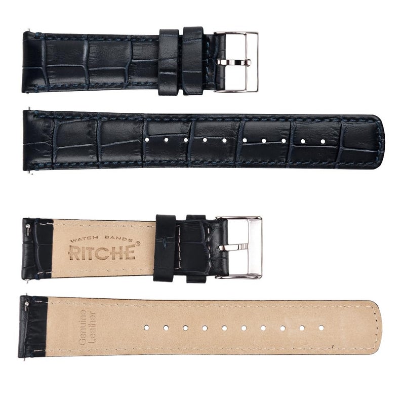 Ritche أحزمة ساعة جلدية قابلة للإفراج السريع من ريتشي - حزام ساعة جلد حقيقي لسامسونج جالاكسي ووتش 6 - حزام كلاسيكي 43mm 47mm 40mm 44mm 18mm، 20mm أو 22mm للرجال والنساء، أزرق بحري / فضي، 20mm، كلاسيكي - Image 3